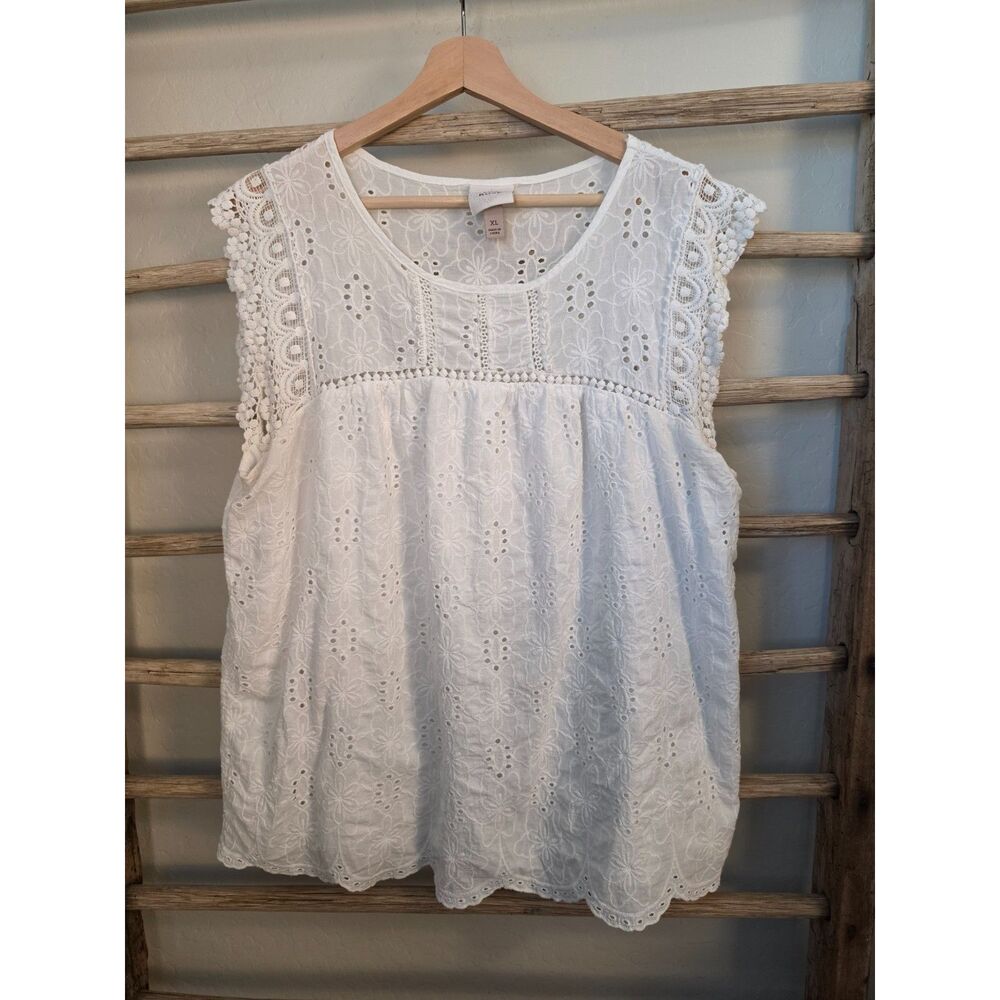 Knox Rose XL White Eyelet Embroidered Cotton Babydoll Blouse Lace Boho
